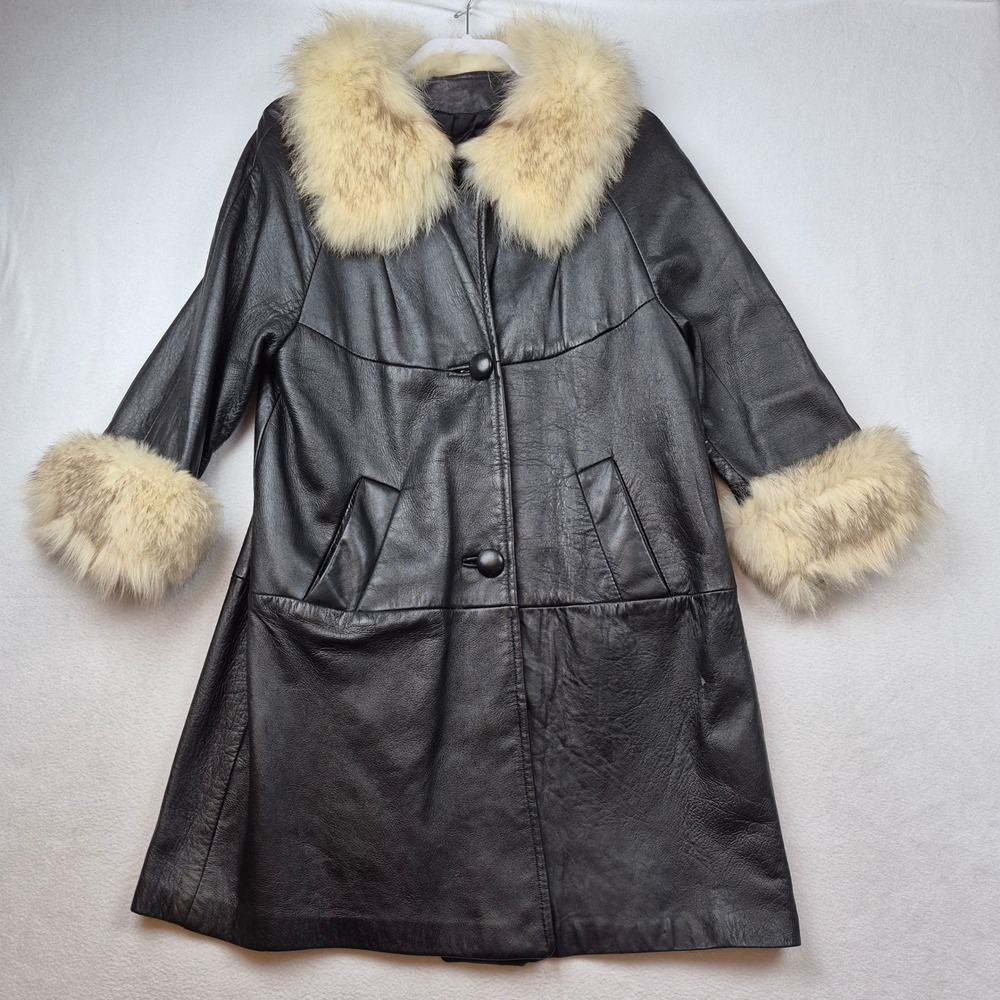 Vintage Black Leather Trench Coat Genuine Fur Collar Cuffs Size 14 Mid Length - Picture 7 of 16